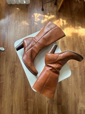 UGG Cognac Leather Mid-Calf Block Heel Boots